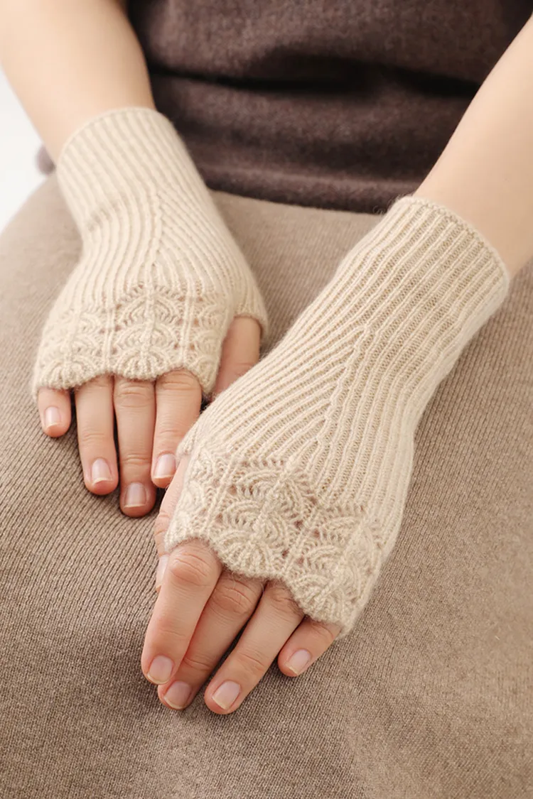 100 Cashmere Ribbed Knit Crochet Fingerless Gloves