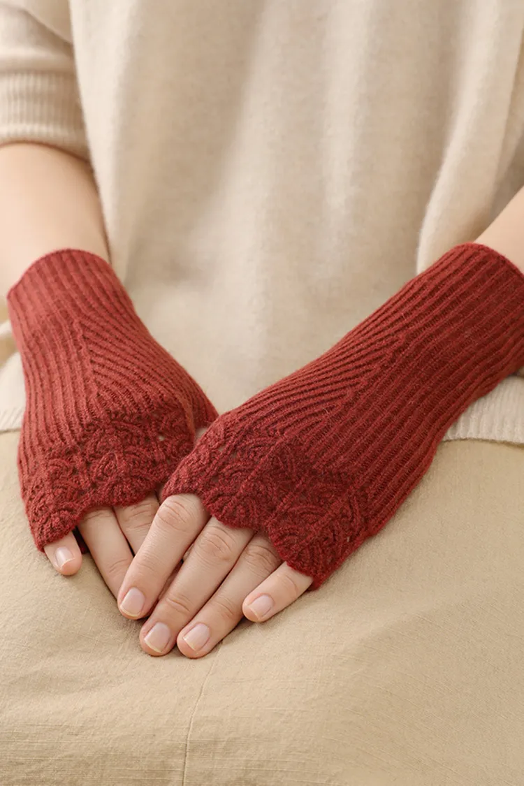 100 Cashmere Ribbed Knit Crochet Fingerless Gloves