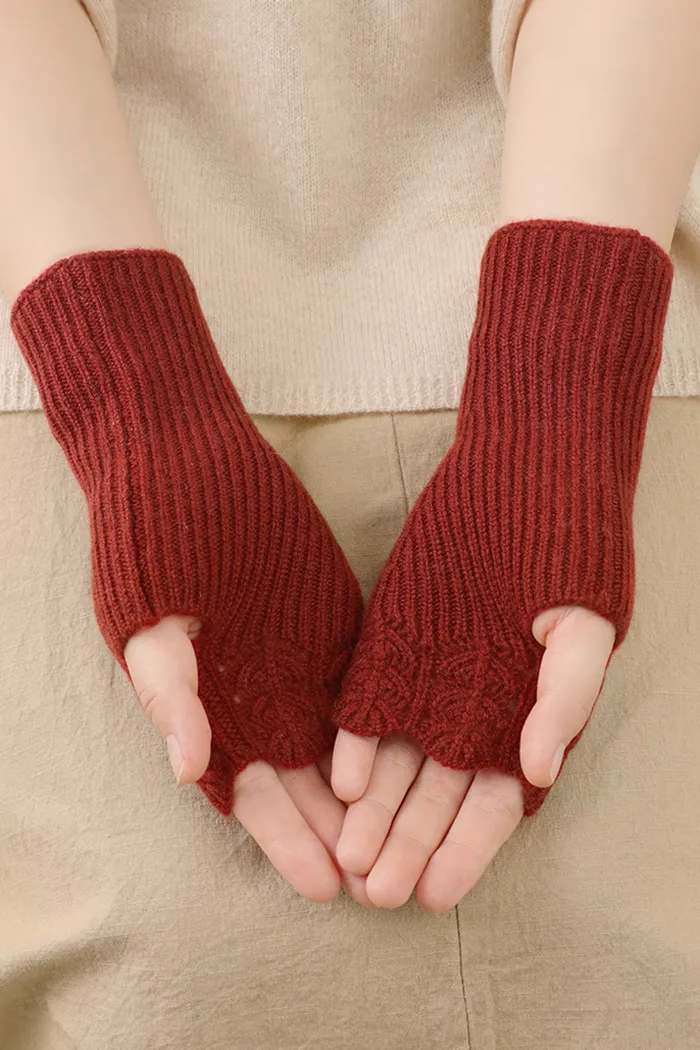 100 Cashmere Ribbed Knit Crochet Fingerless Gloves