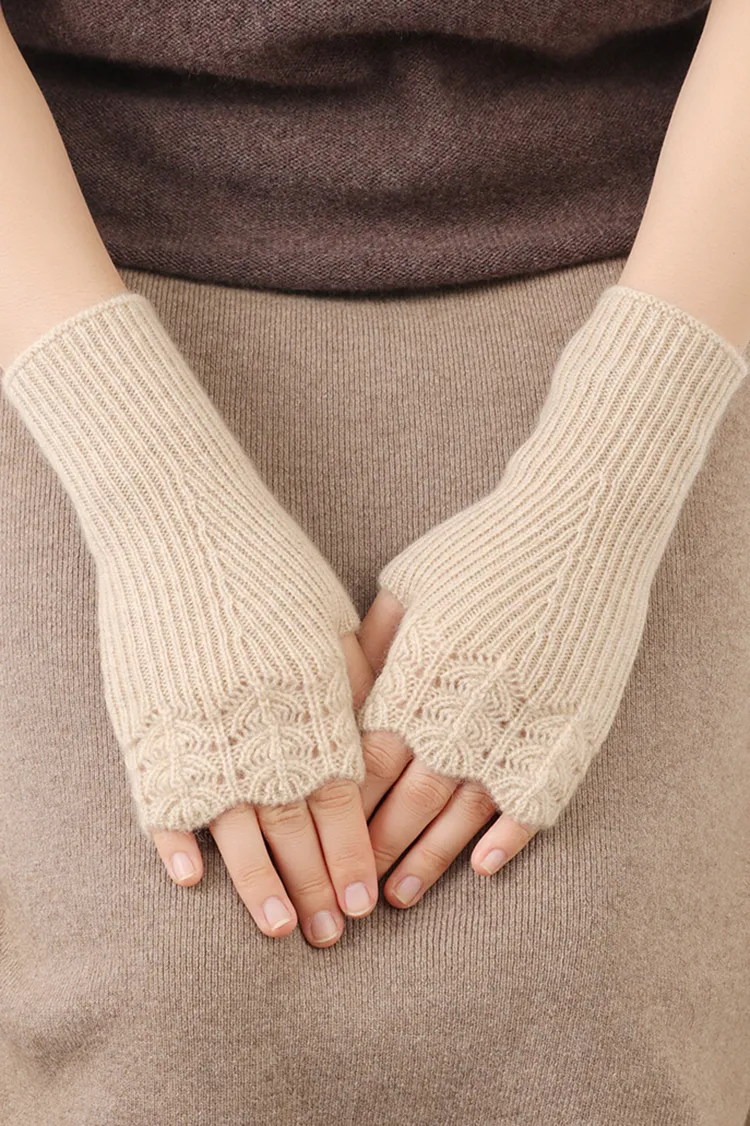 100 Cashmere Ribbed Knit Crochet Fingerless Gloves