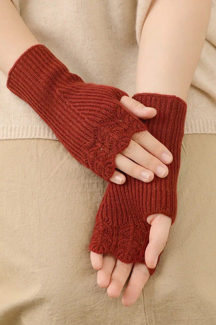 100 Cashmere Ribbed Knit Crochet Fingerless Gloves