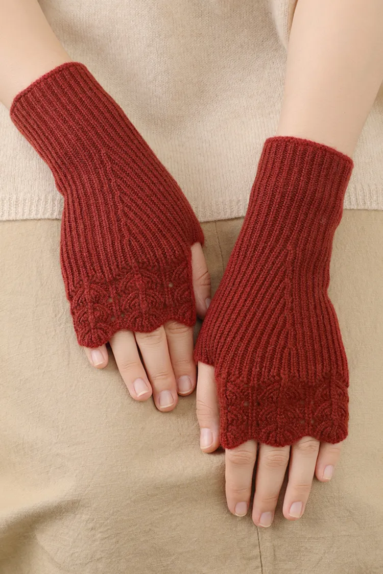 100 Cashmere Ribbed Knit Crochet Fingerless Gloves