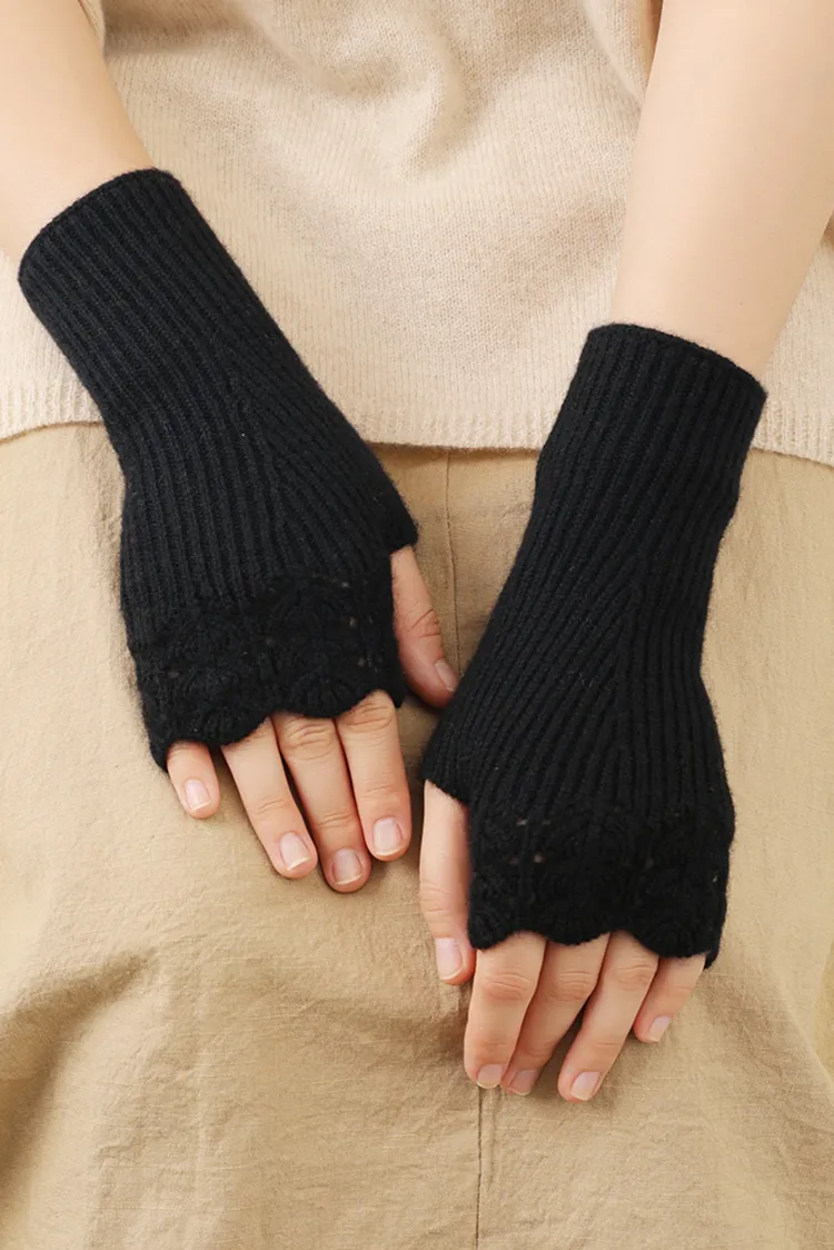 100 Cashmere Ribbed Knit Crochet Fingerless Gloves