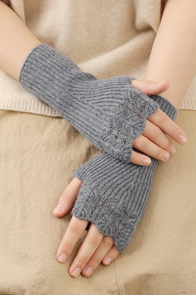 100 Cashmere Ribbed Knit Crochet Fingerless Gloves