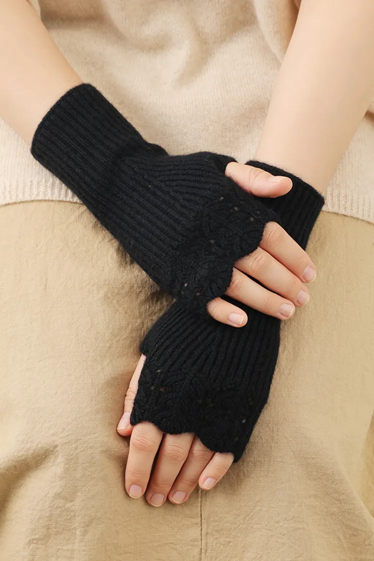 100 Cashmere Ribbed Knit Crochet Fingerless Gloves