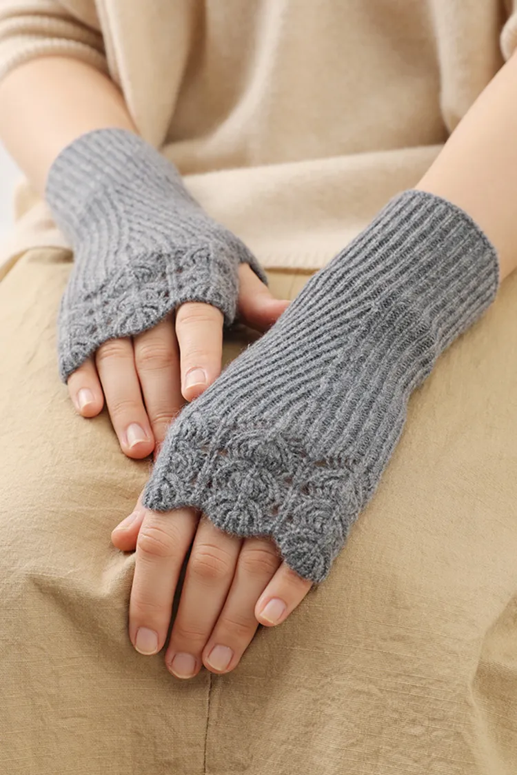 100 Cashmere Ribbed Knit Crochet Fingerless Gloves