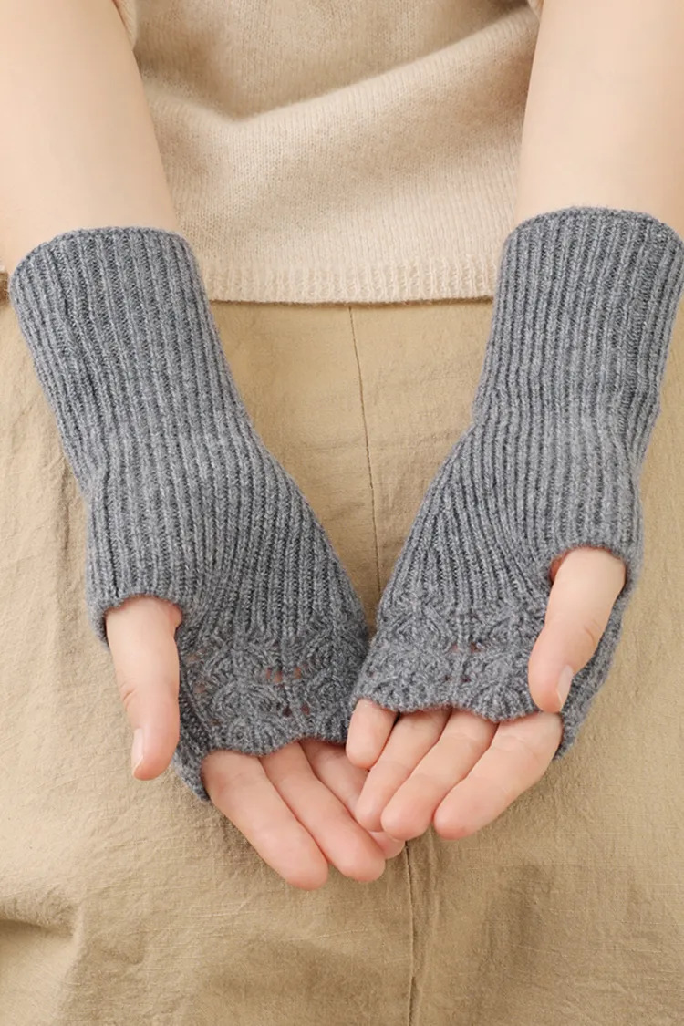 100 Cashmere Ribbed Knit Crochet Fingerless Gloves