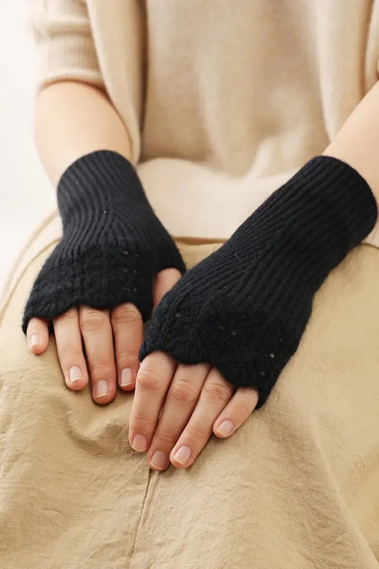 100 Cashmere Ribbed Knit Crochet Fingerless Gloves