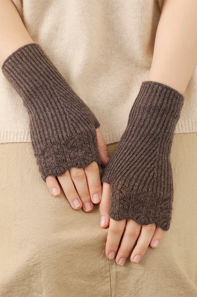 100 Cashmere Ribbed Knit Crochet Fingerless Gloves