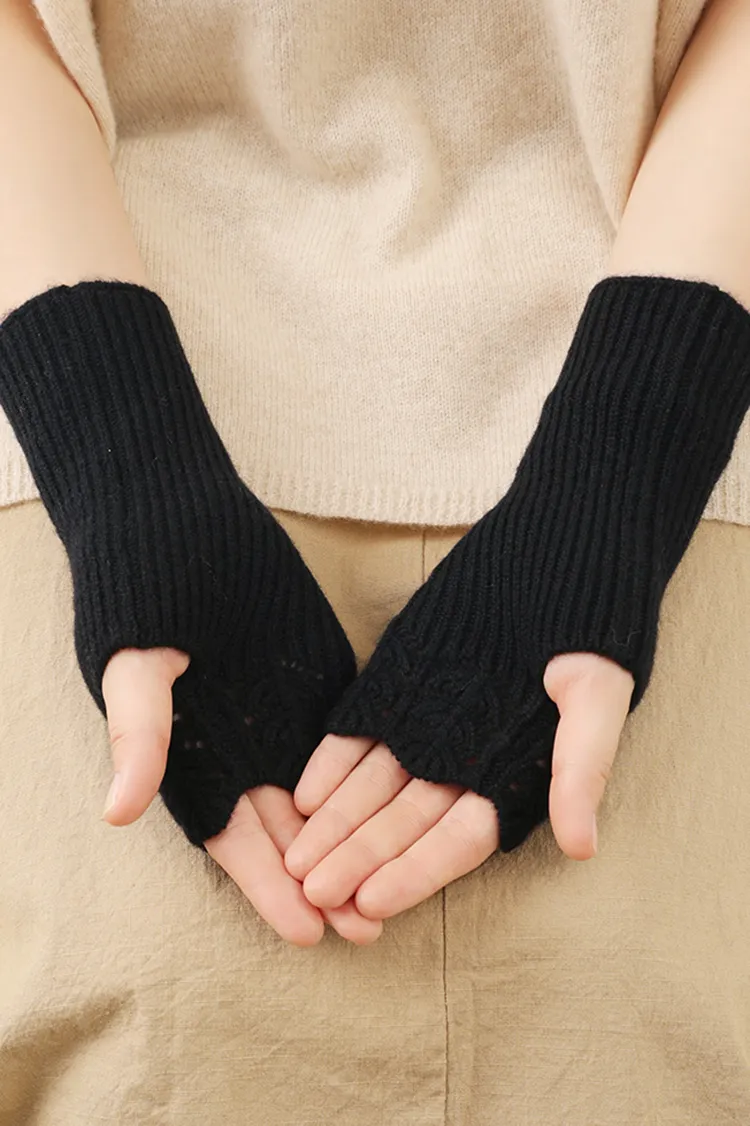 100 Cashmere Ribbed Knit Crochet Fingerless Gloves