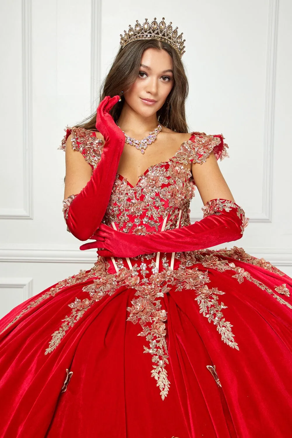 Applique Sweetheart Velvet Ball Gown by Petite Adele PQ1038