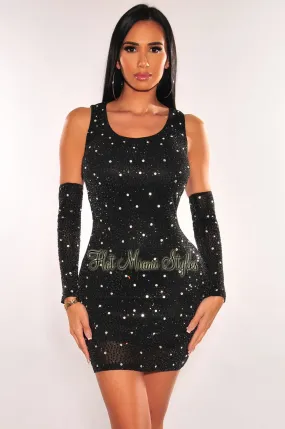 Black Silver Rhinestone Studded Arm Sleeves Set