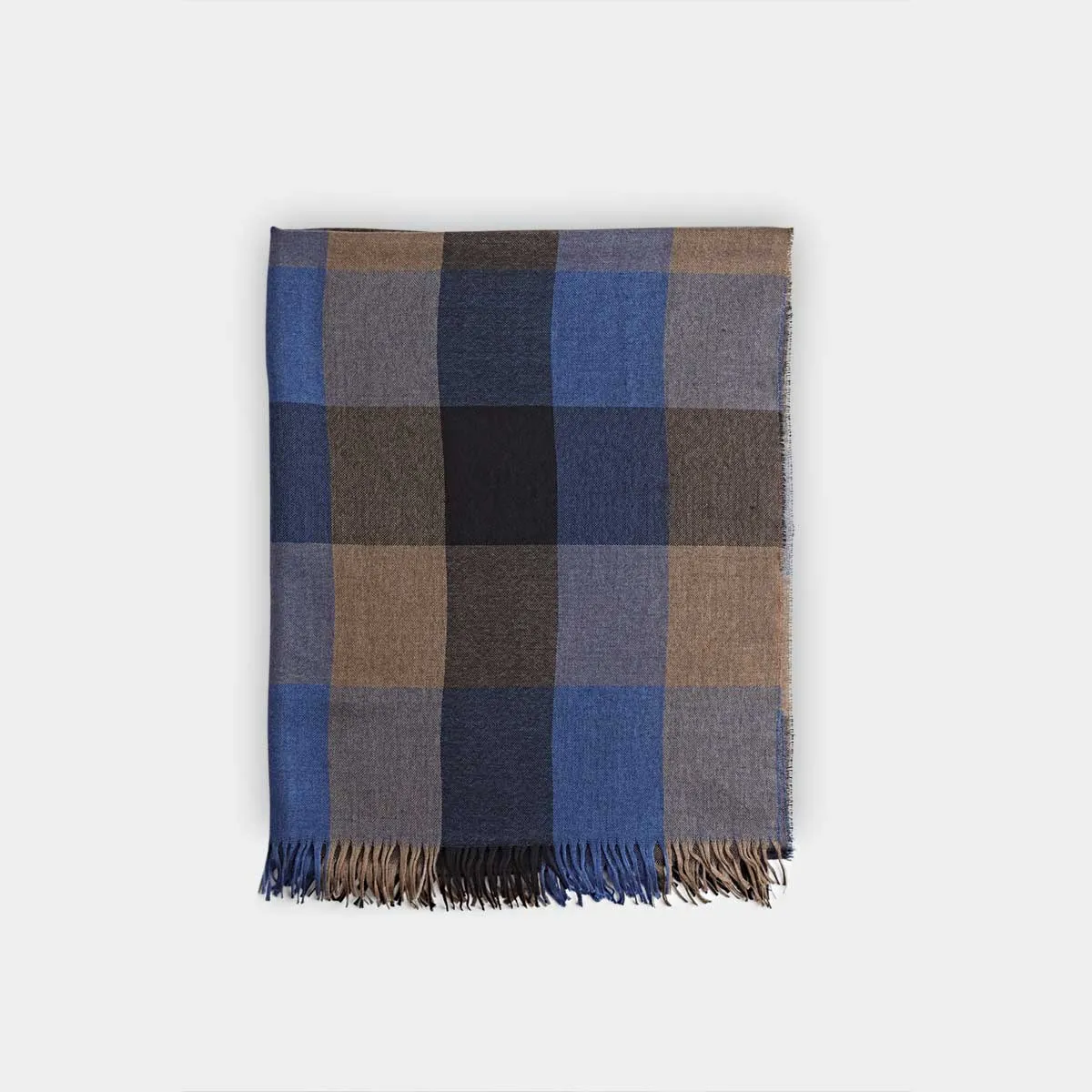 Blue & Ecru Large Check Silk & Cashmere Scarf