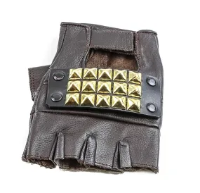 BrassStudded Genuine Leather Fingerless Gloves Pair