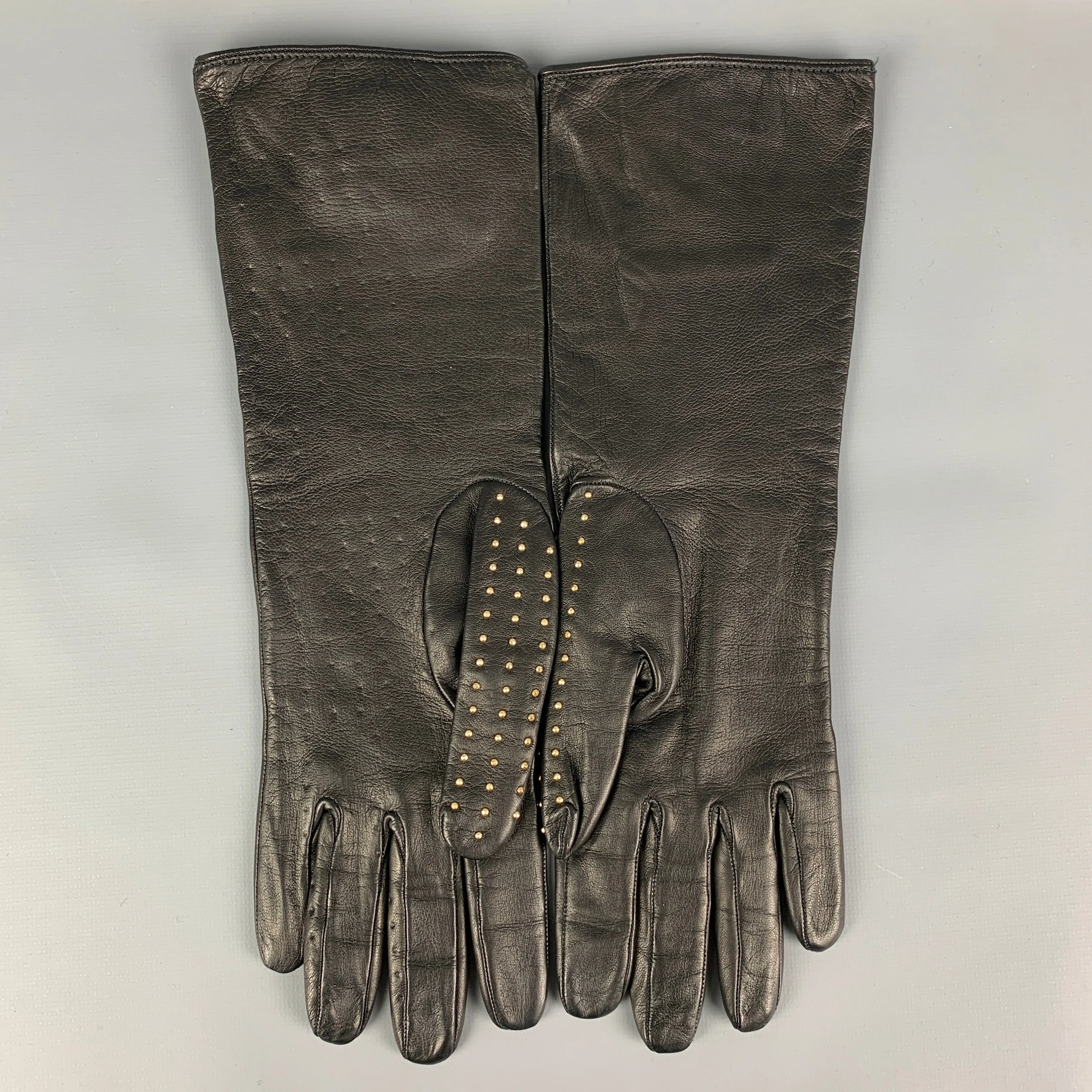 BURBERRY PRORSUM Black Gold Studded Kidskin Leather Silk Lined Gloves