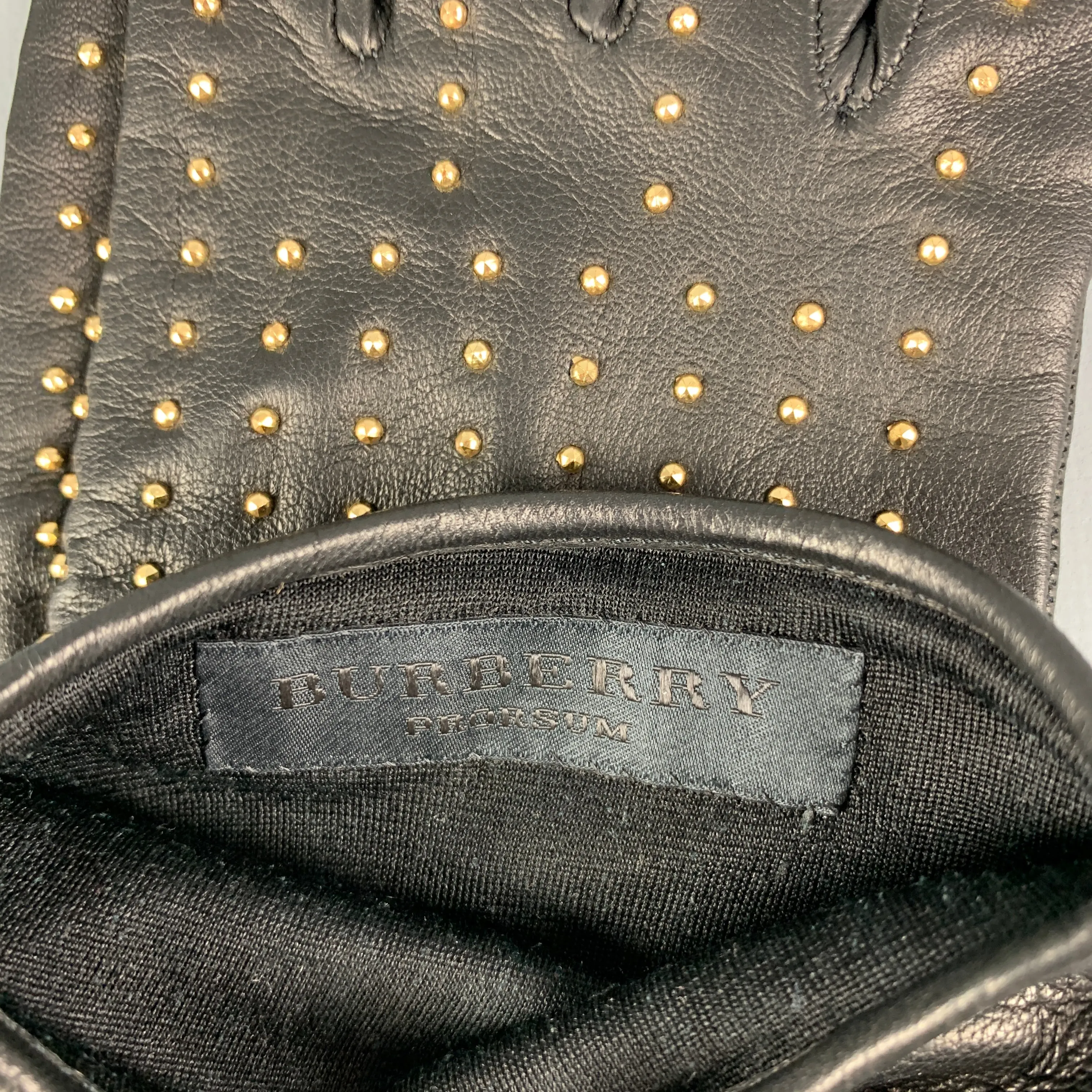 BURBERRY PRORSUM Black Gold Studded Kidskin Leather Silk Lined Gloves