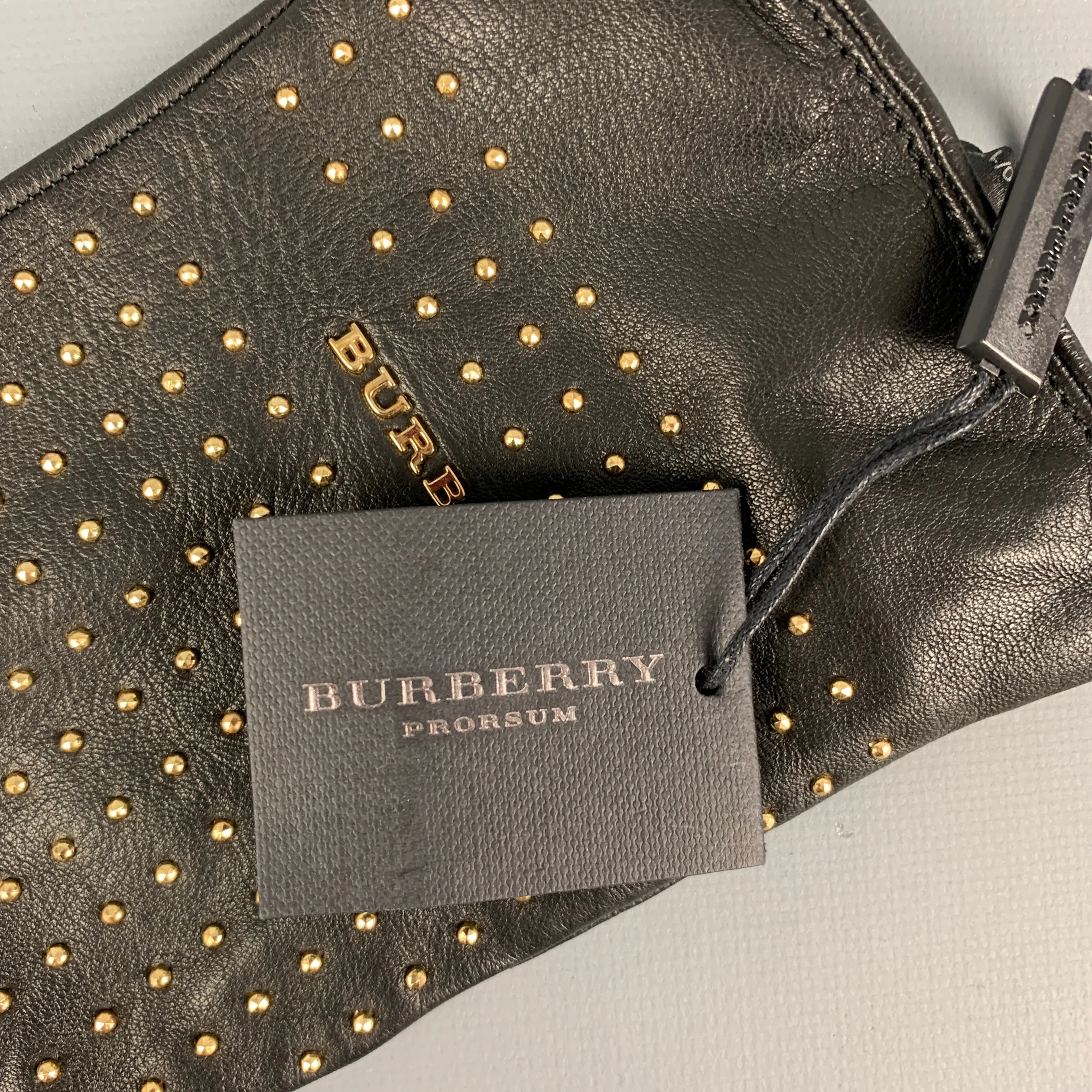 BURBERRY PRORSUM Black Gold Studded Kidskin Leather Silk Lined Gloves