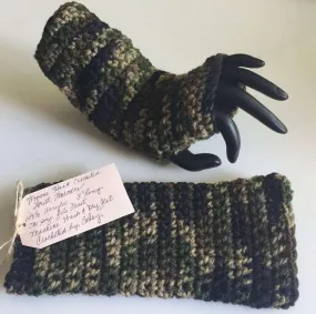 Camo Gaming Texting Fingerless Gloves Camouflage Marbled Dark Greens Browns Crochet Knit Fall Winter Writing Tech Wrist Warmers Handmade Fashion Gift Unisex Accessory