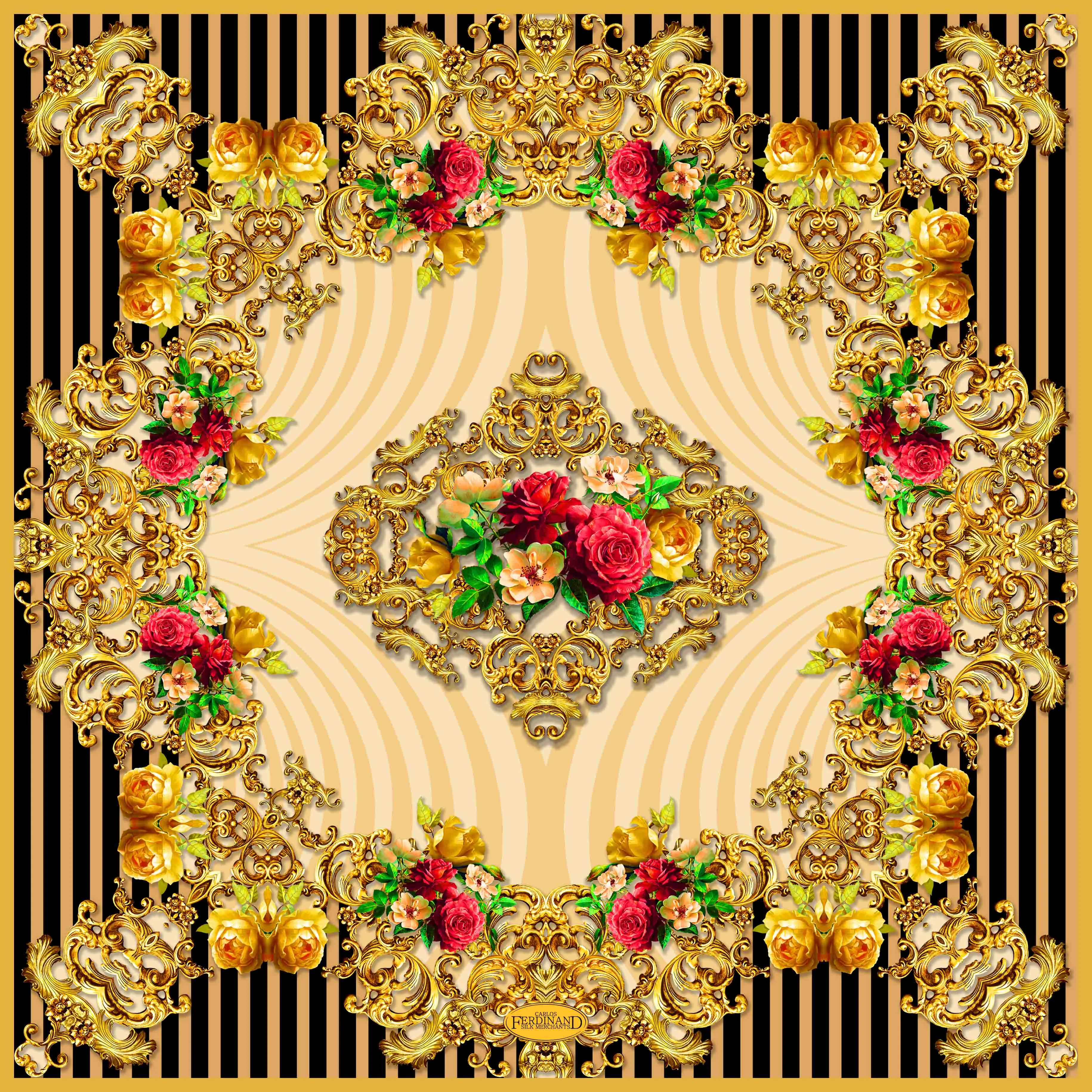 Carlos Ferdinand Black/gold stripes with red roses  CF167-1 90cm