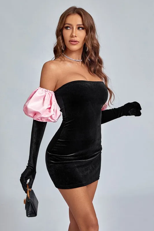 Detachable Pink Puff Sleeves Velvet Mini Dress