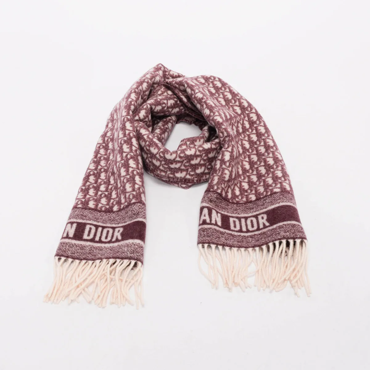 Dior Burgundy Cashmere Oblique Fringed Scarf