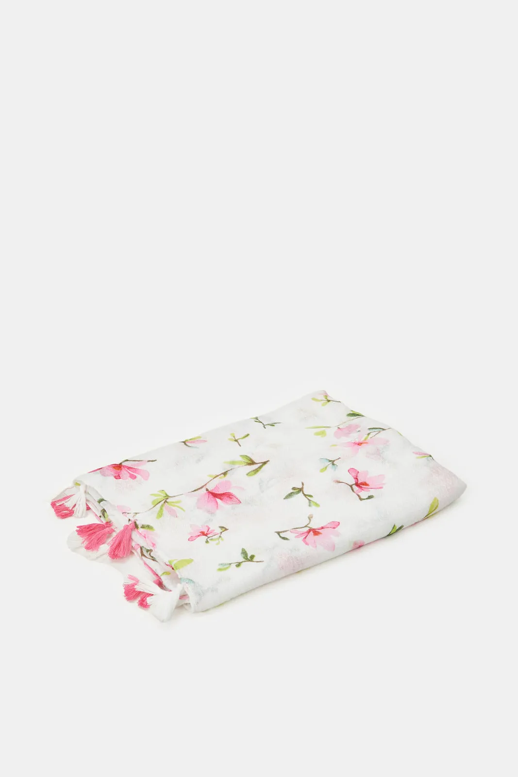 Girls White Floral Printed Scarf