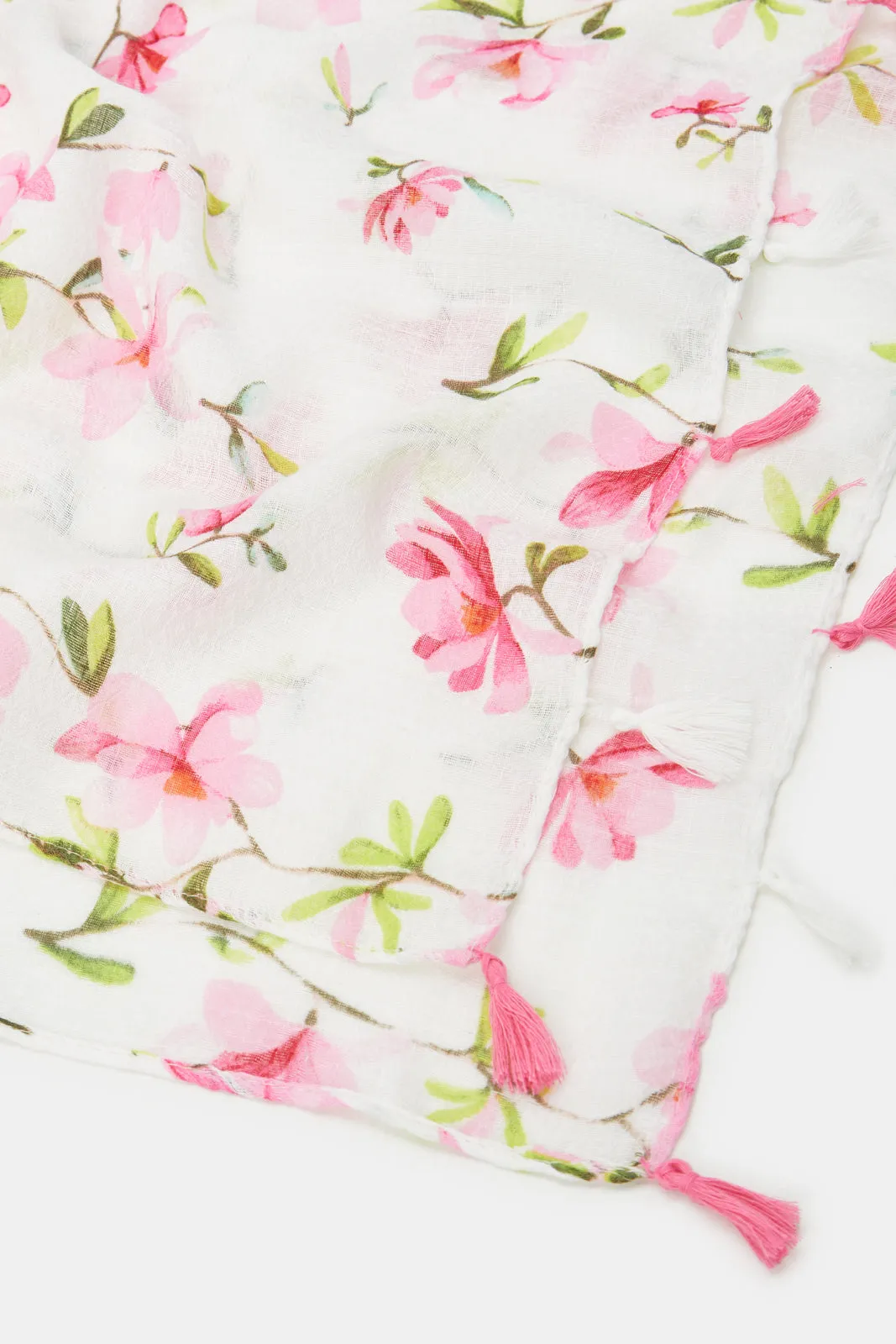 Girls White Floral Printed Scarf