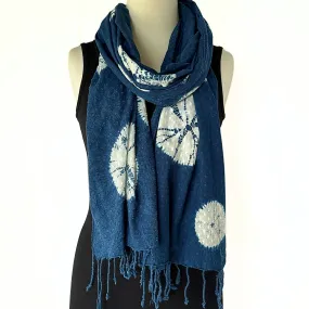 Indigo Dyed Cotton Shibori Scarf with Fringe