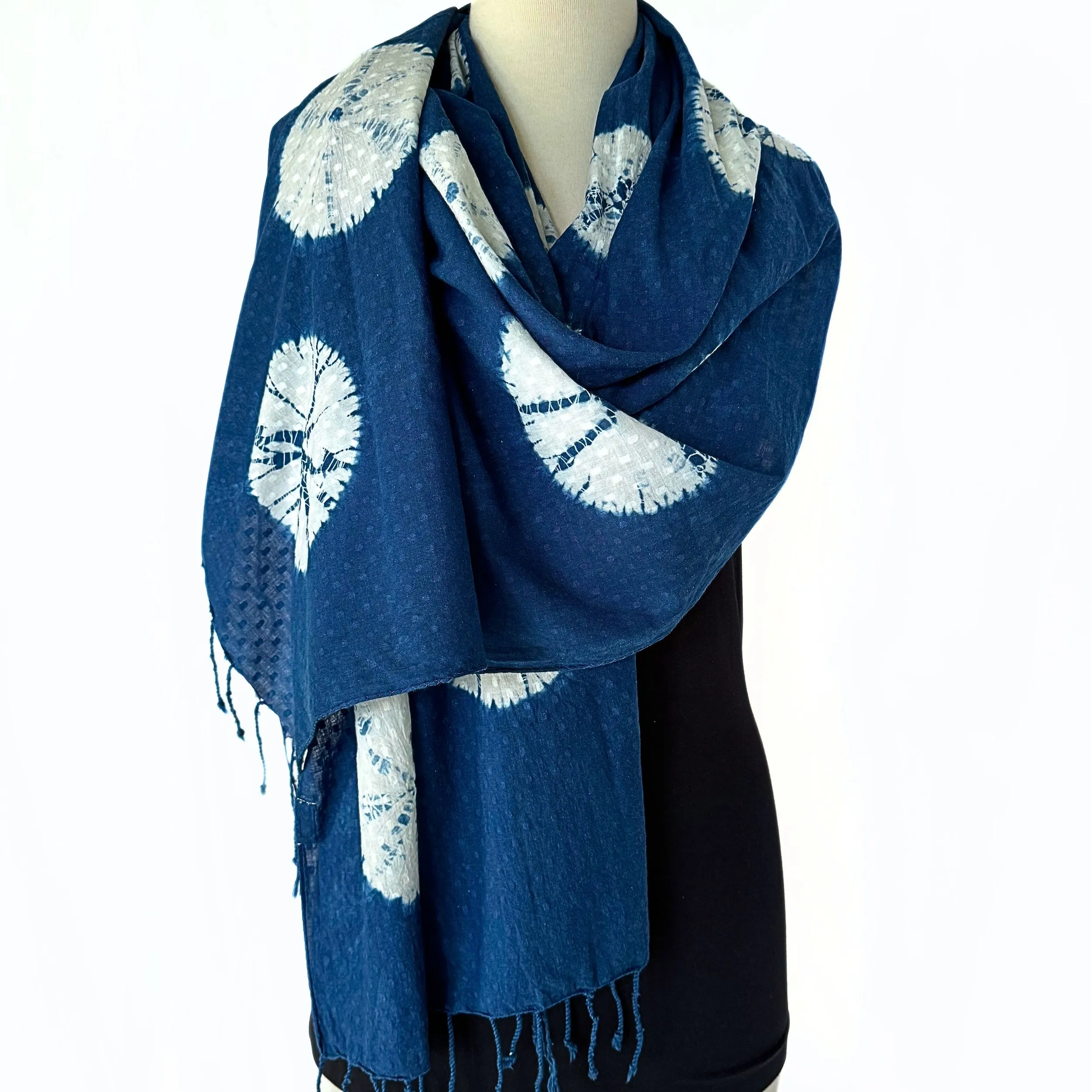 Indigo Dyed Cotton Shibori Scarf with Fringe