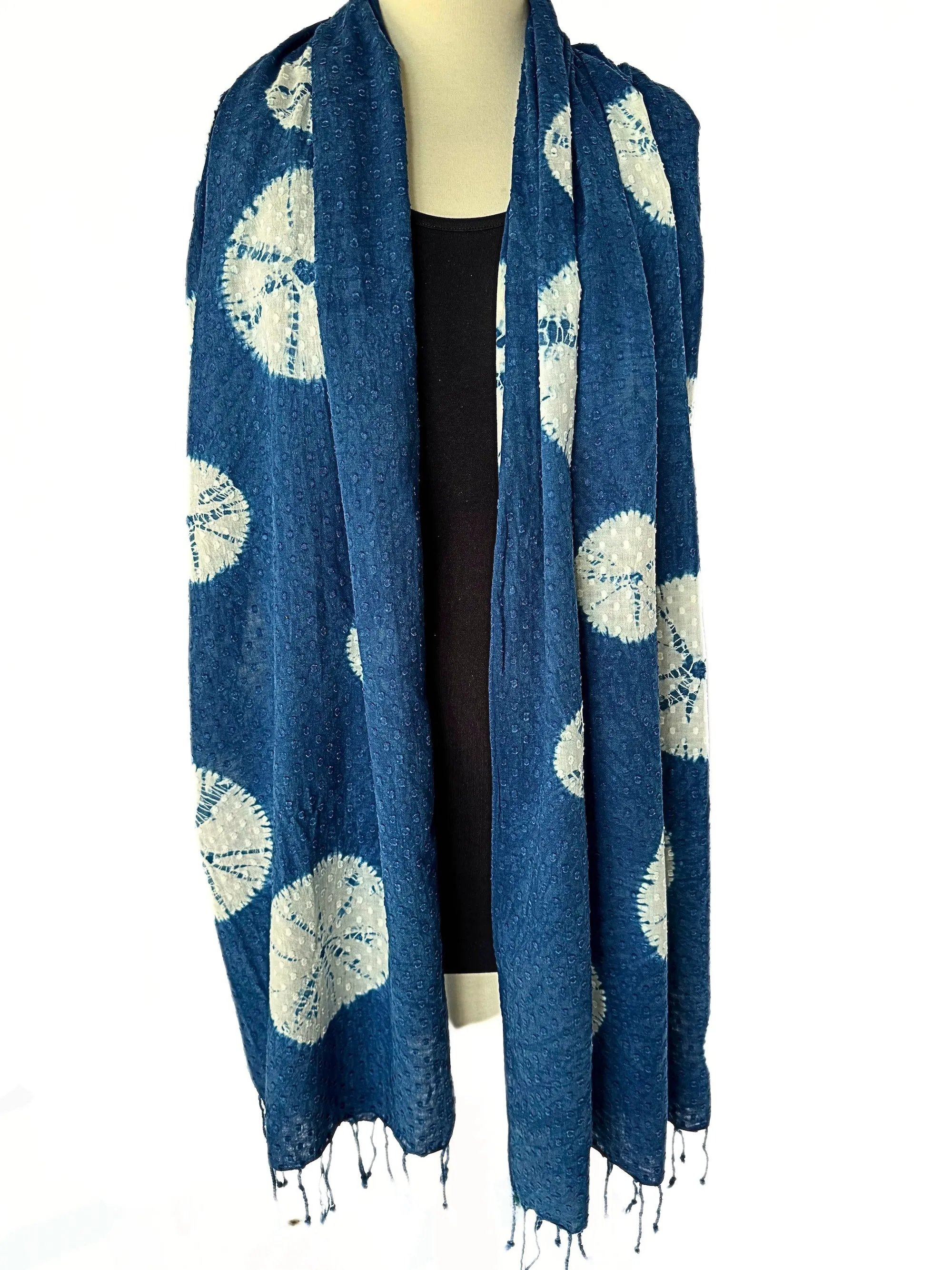 Indigo Dyed Cotton Shibori Scarf with Fringe