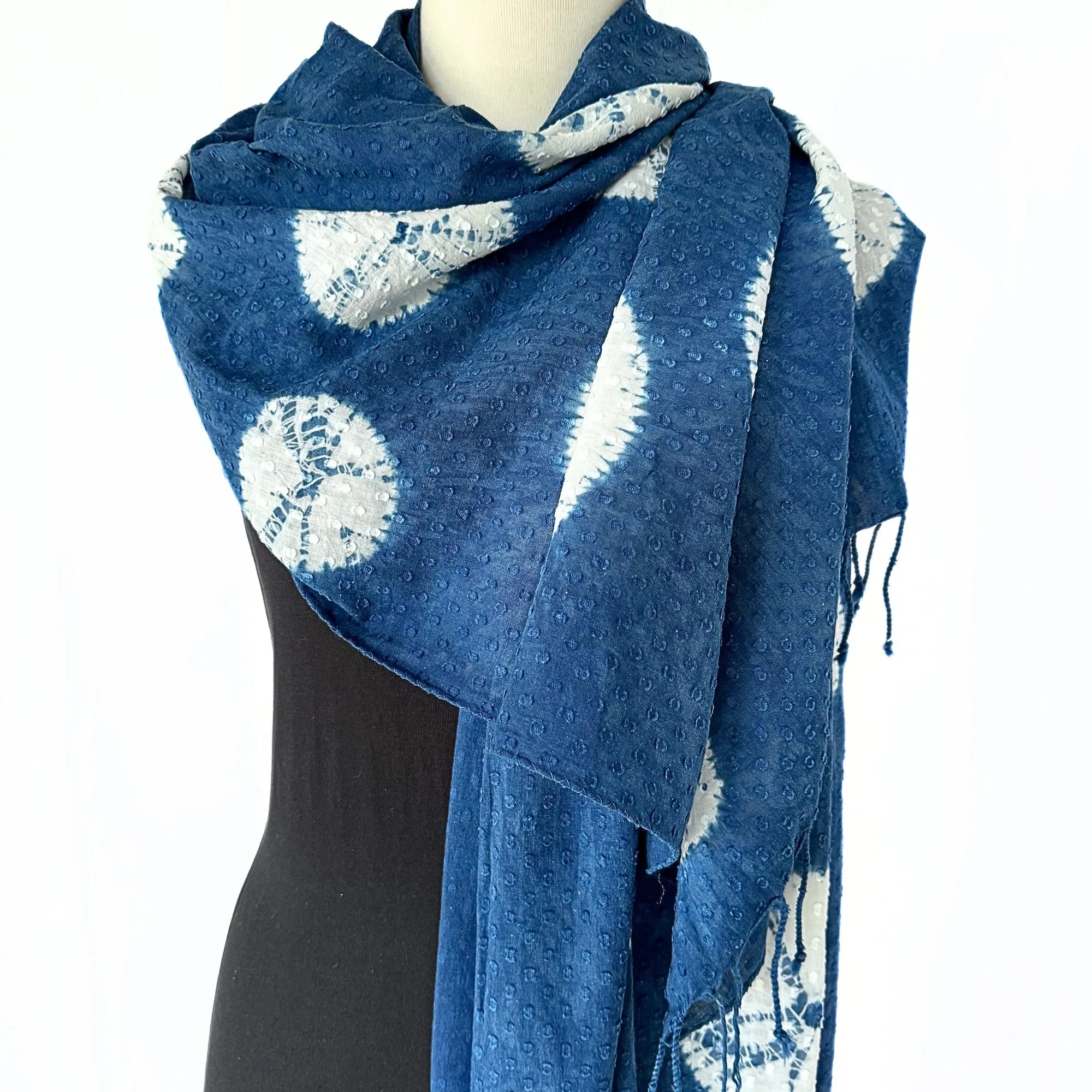 Indigo Dyed Cotton Shibori Scarf with Fringe