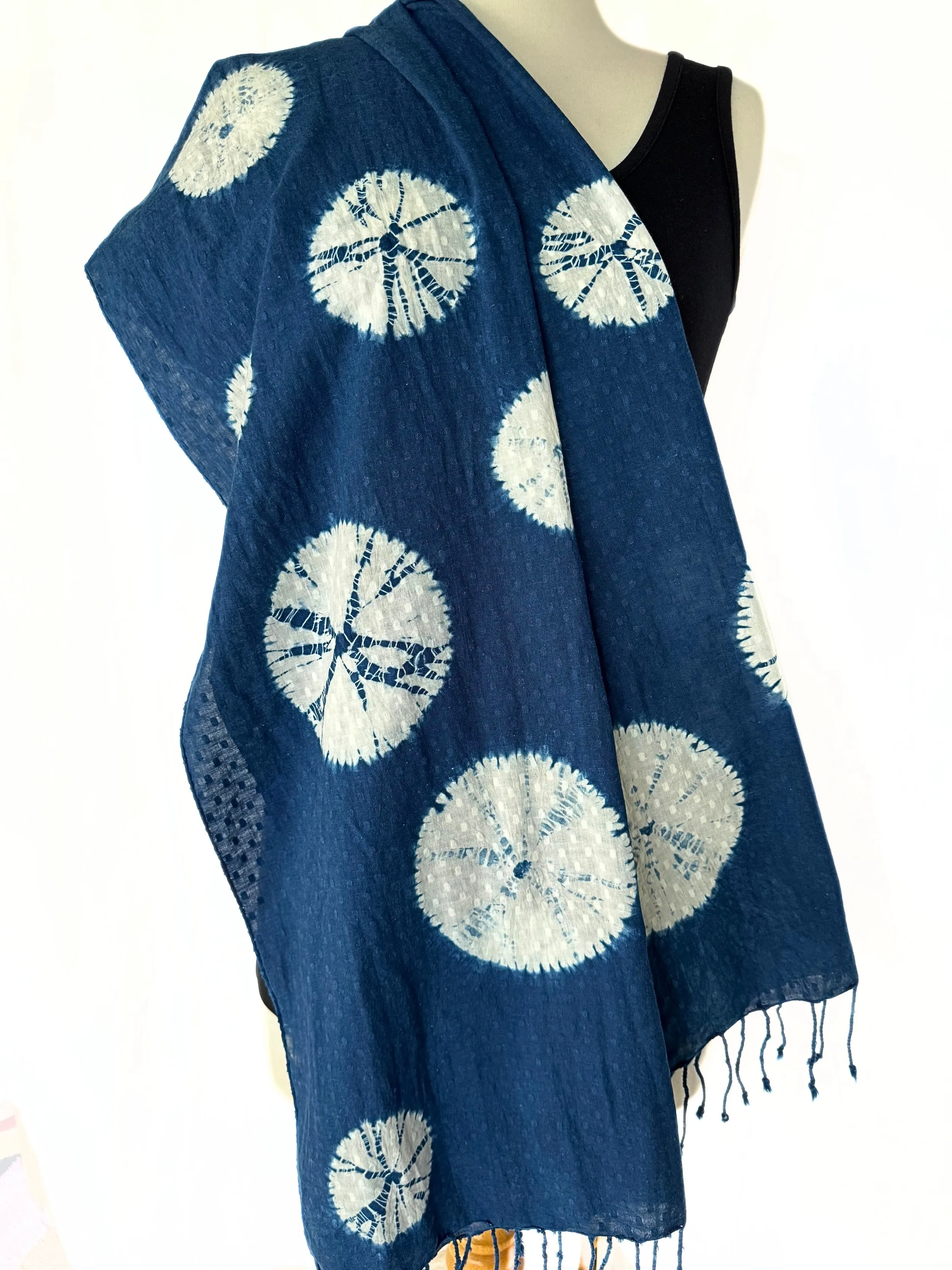 Indigo Dyed Cotton Shibori Scarf with Fringe