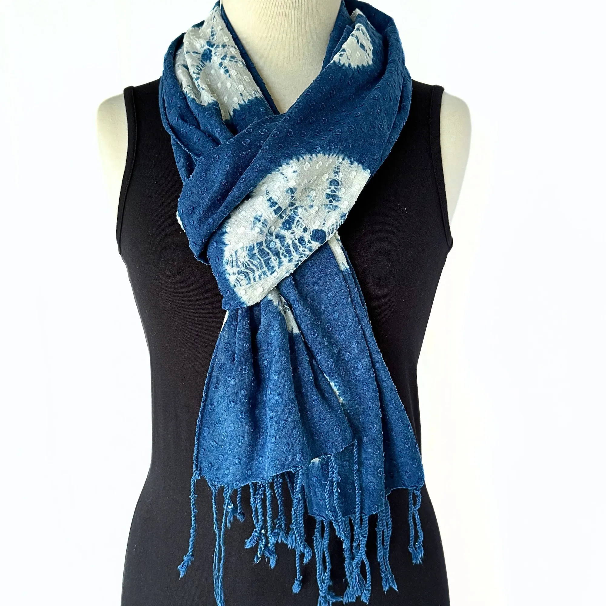 Indigo Dyed Cotton Shibori Scarf with Fringe