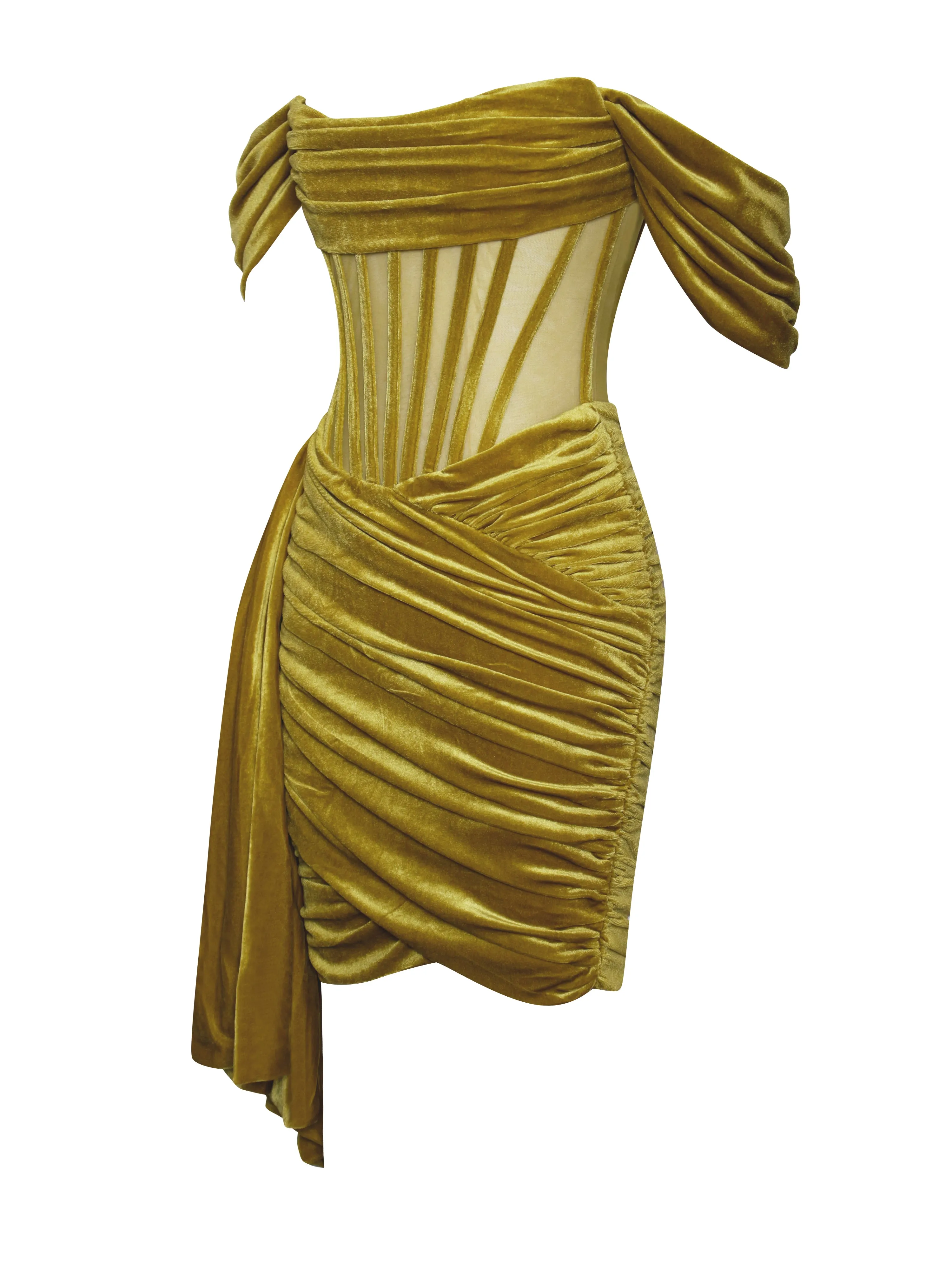 Irisa Gold Draping Off Shoulder Corset Dress