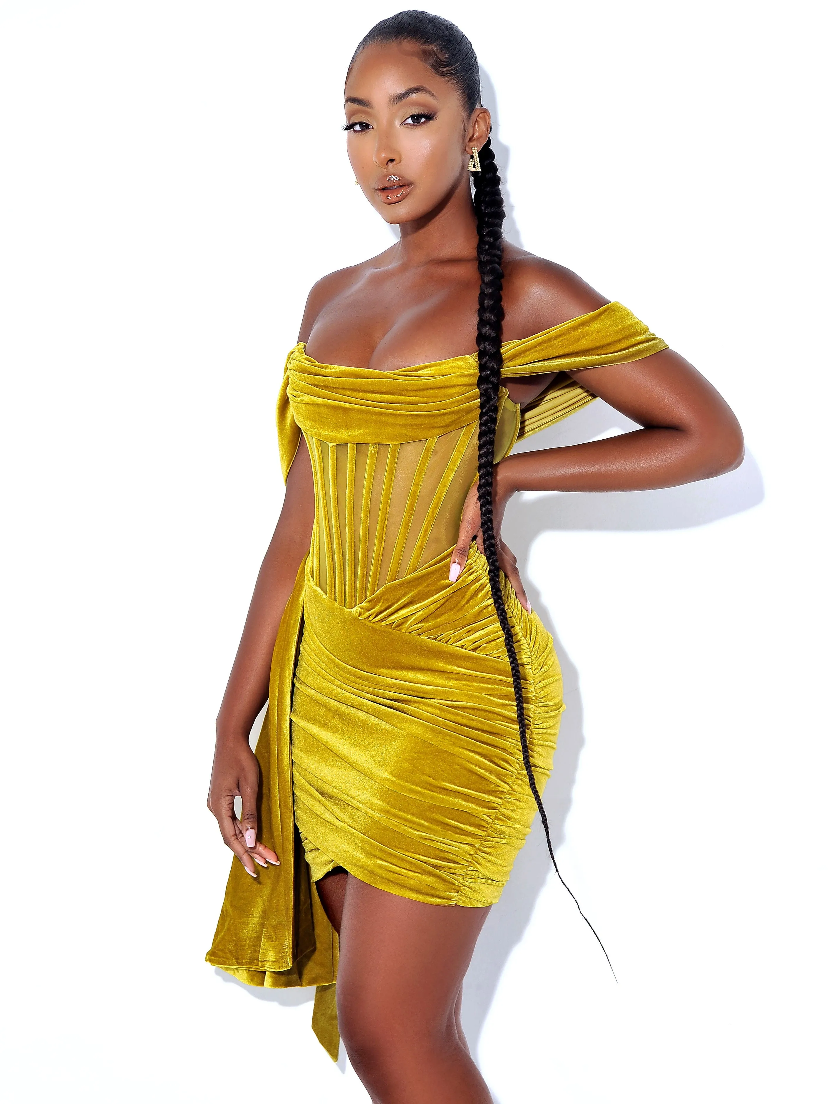 Irisa Gold Draping Off Shoulder Corset Dress