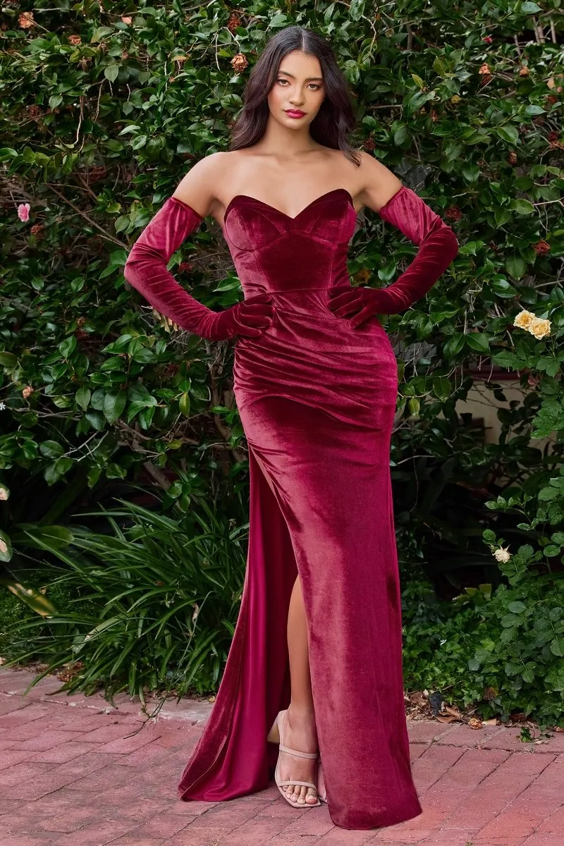 LIZZO Strapless Velvet Mermaid Formal Dress with Gloves