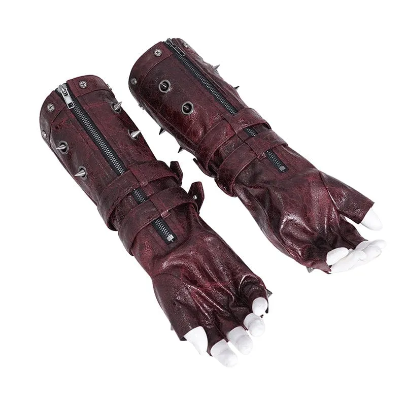 Men's Gothic Studded Mesh Splice Red Half-finger Gloves