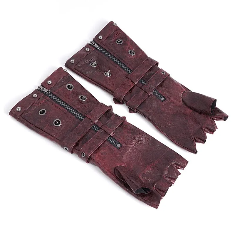 Men's Gothic Studded Mesh Splice Red Half-finger Gloves