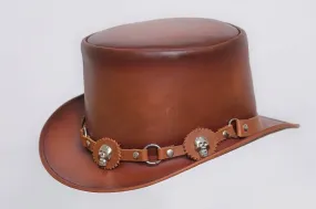 Mens Leather Cowhide Biker Steampunk Deadman Top Hat, El Dorado Motorcycle Hat HANDAMDE TOP HAT