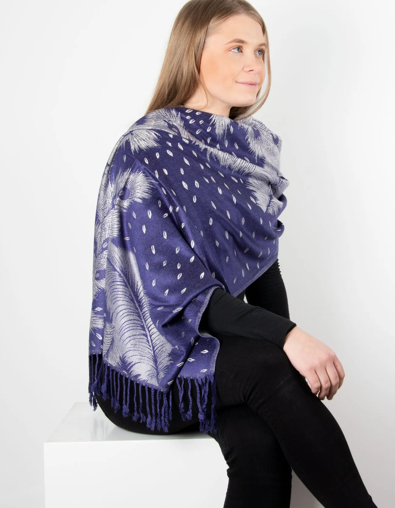 Navy And Silver Feather Print Patterned Pashmina