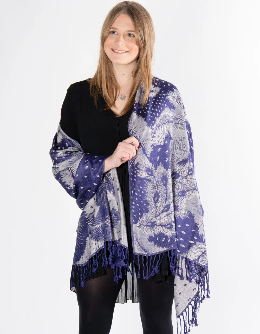 Navy And Silver Feather Print Patterned Pashmina