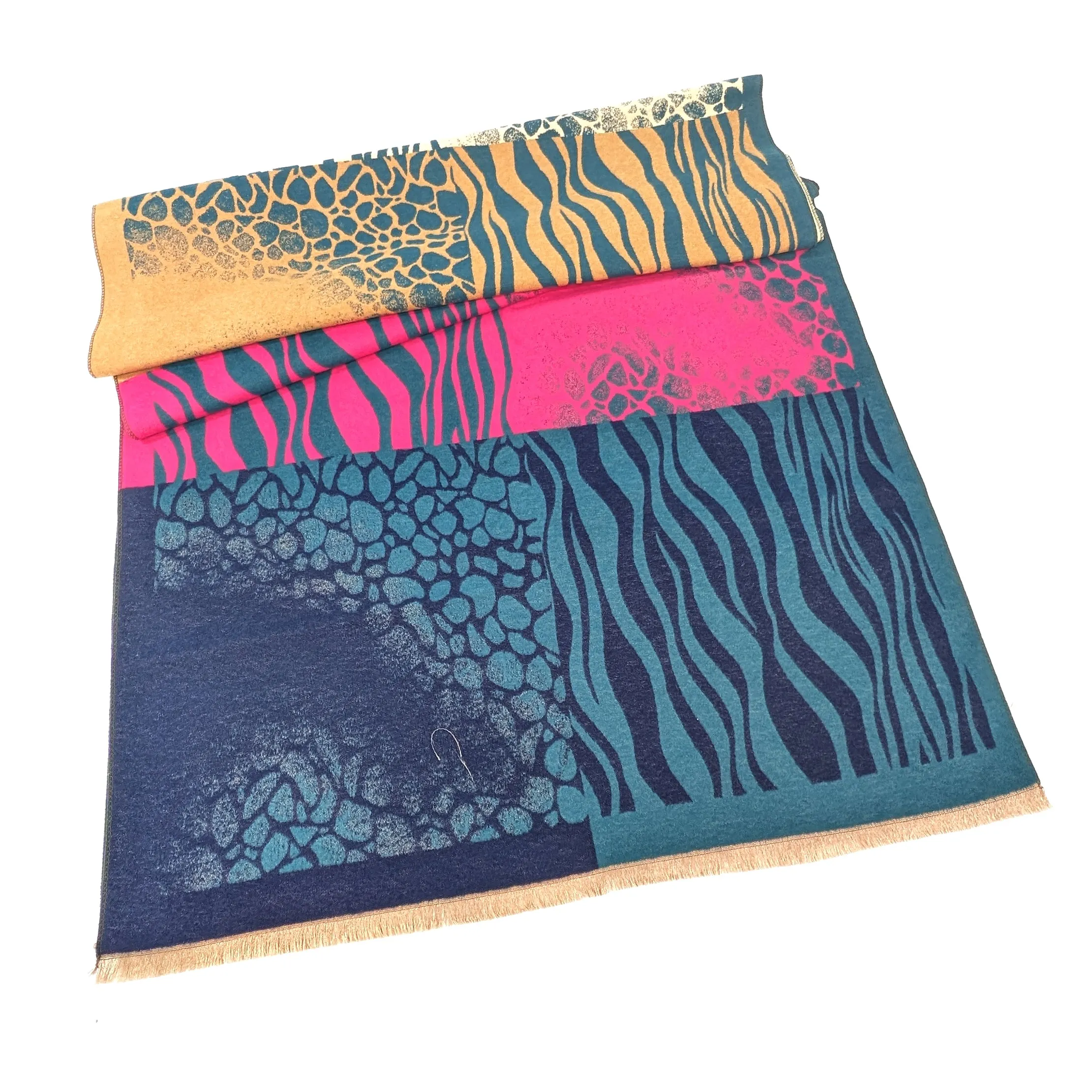 Obzor - Animal Print Boxes Scarf (65x180cm) - Teal/Pink