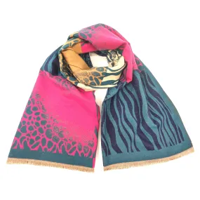 Obzor - Animal Print Boxes Scarf (65x180cm) - Teal/Pink