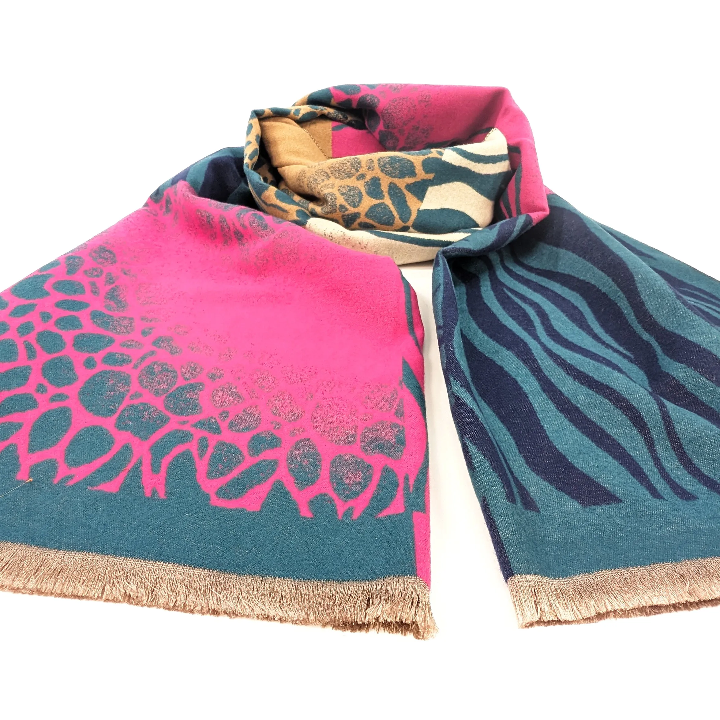 Obzor - Animal Print Boxes Scarf (65x180cm) - Teal/Pink