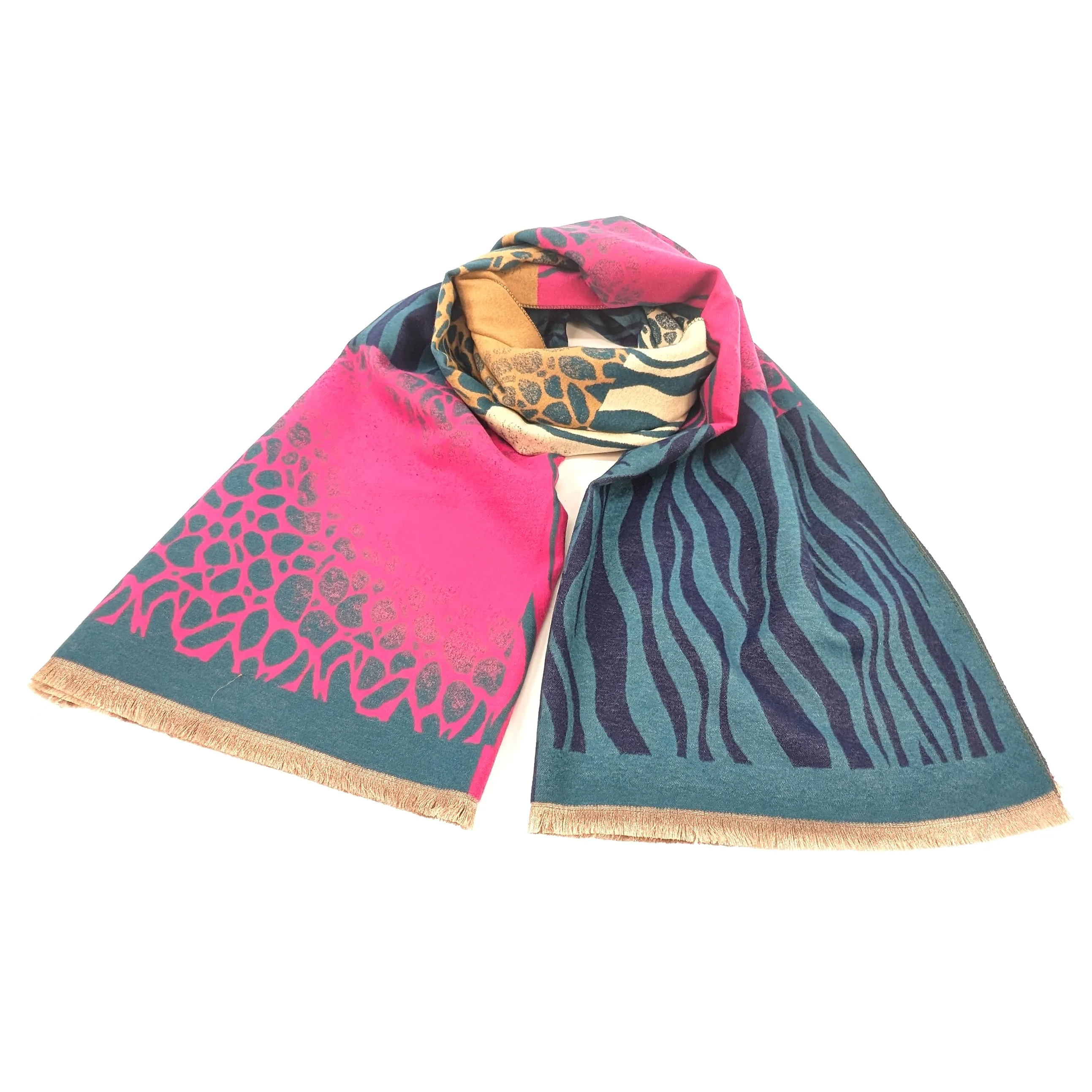 Obzor - Animal Print Boxes Scarf (65x180cm) - Teal/Pink