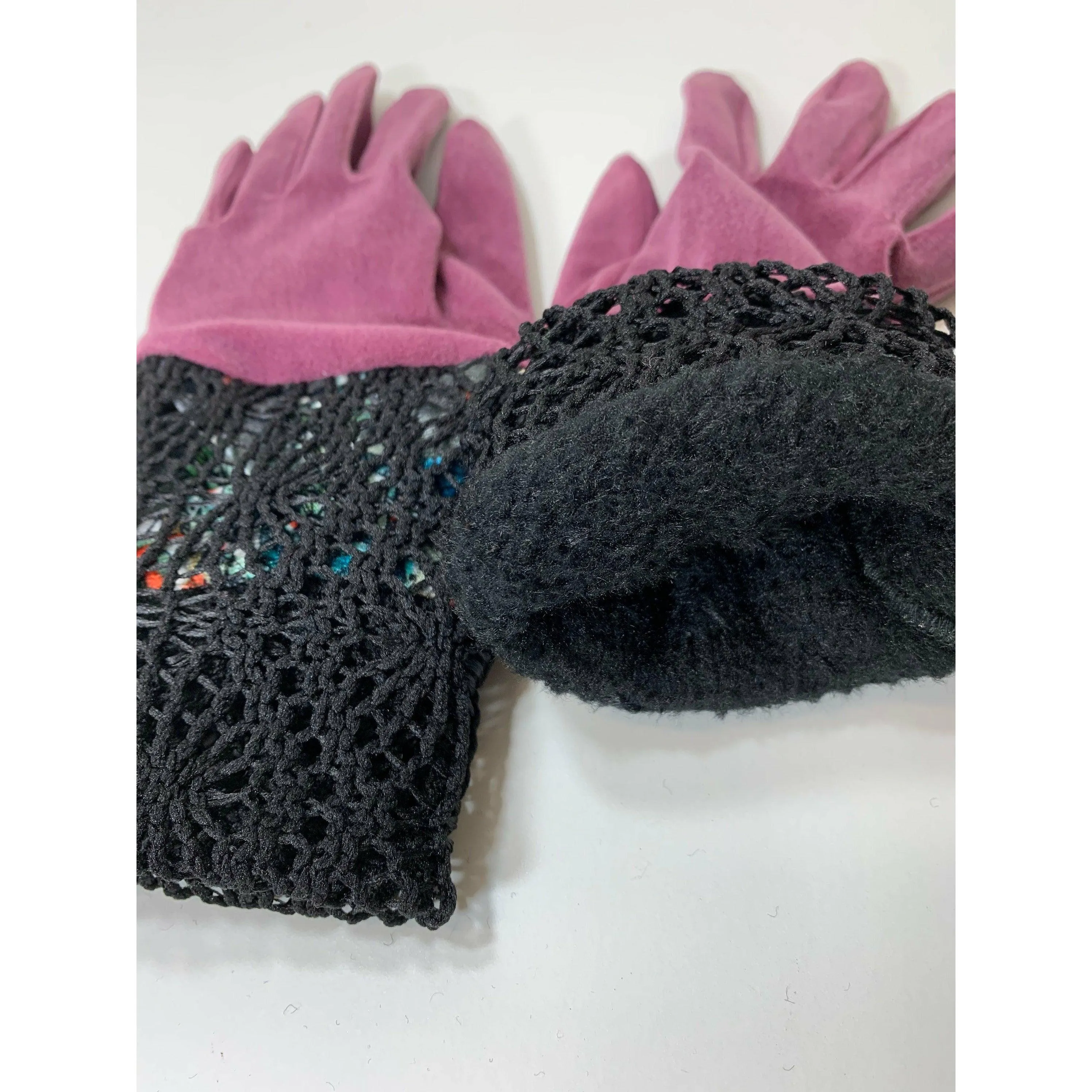 Pink and black with lace and velvet NO WOOL winter gloves. Free Shipping