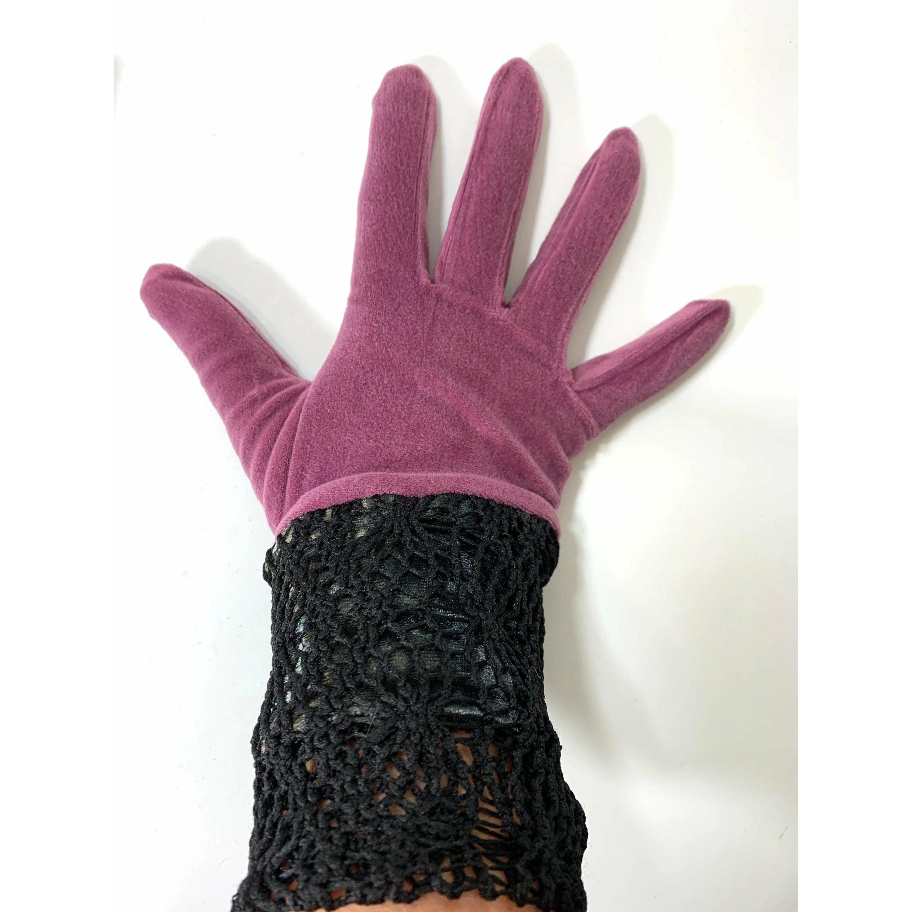 Pink and black with lace and velvet NO WOOL winter gloves. Free Shipping