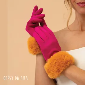 Powder Gloves - Bettina Faux Suede / Fur in Magenta/Mustard 14018