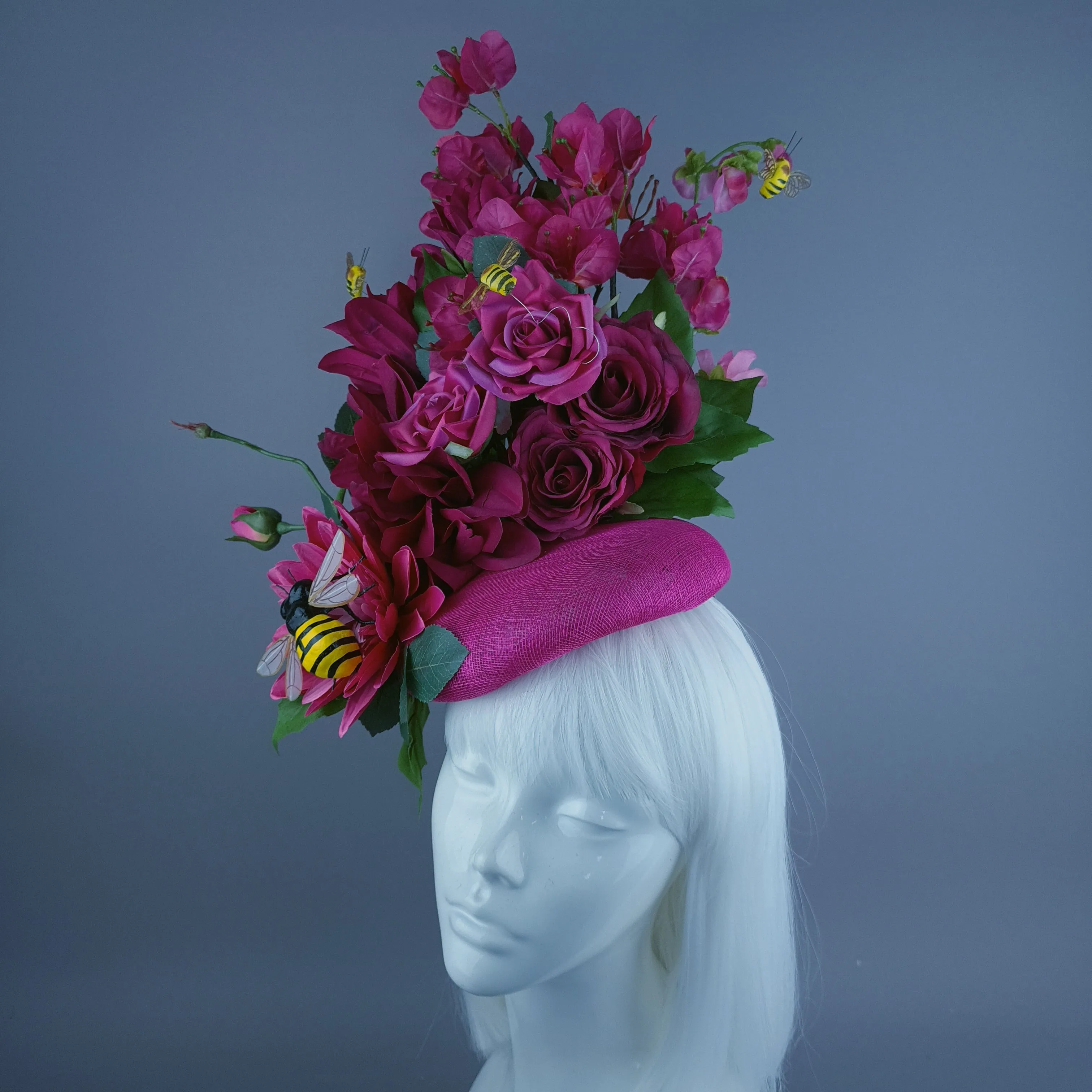 "Julane" Pink Flower & Bee Statement Fascinator Hat