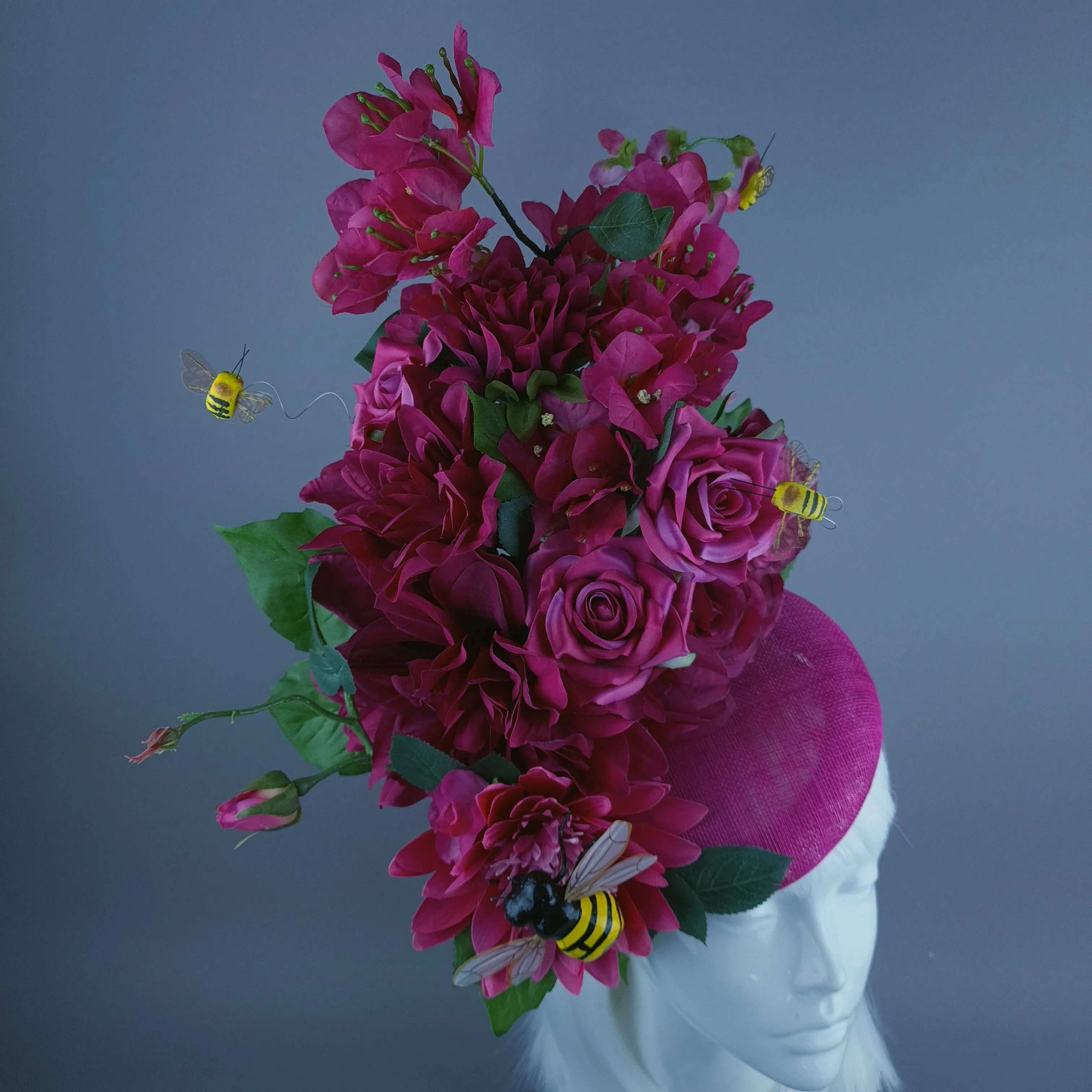 "Julane" Pink Flower & Bee Statement Fascinator Hat